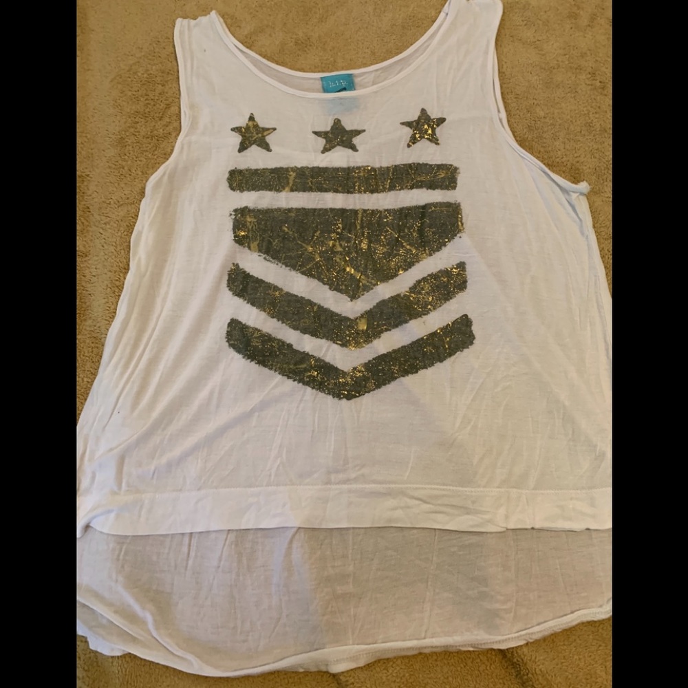 🍭White tissue tank w/hi-lo hem & olive grn logo